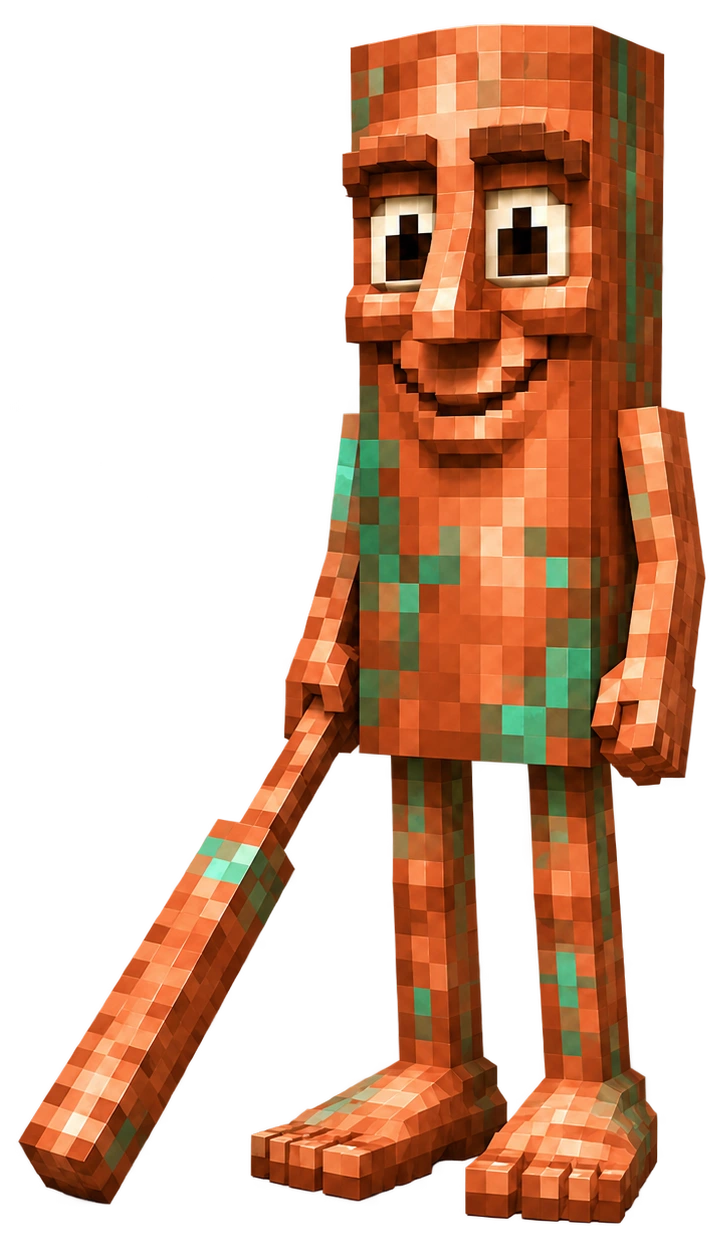 Minecraft-style Tung Tung Copur, made of copper with turquoise oxidation and holding a copper bat